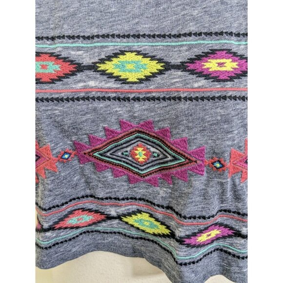 Womens Large Cropped T Shirt Top Southwest Aztec Gray Cotton Blend Boho Summer - Picture 2 of 8